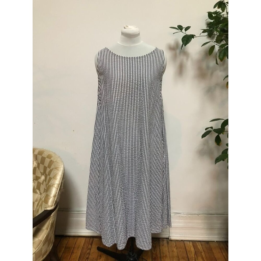 EGG TRADING Maisy Gray White Striped Seersucker Cotton Sleeveless Dress S
